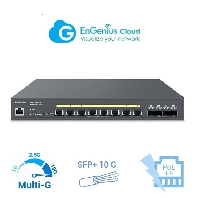 ENGENIUS ECS5512FP Switch de 8 puertos 10 Gigabit, 8 PoE++ 240 W con 4 slot SFP+ 10 GB. Gestionable Layer 2 y Control en CLOUD