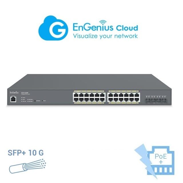 ENGENIUS ECS1528P Switch de 24 puertos Gigabit PoE (Full Power 240 W) con 4 slot SFP+ 10 GB. Gestionable Layer 2 y Control LOCAL, ENSKY o CLOUD