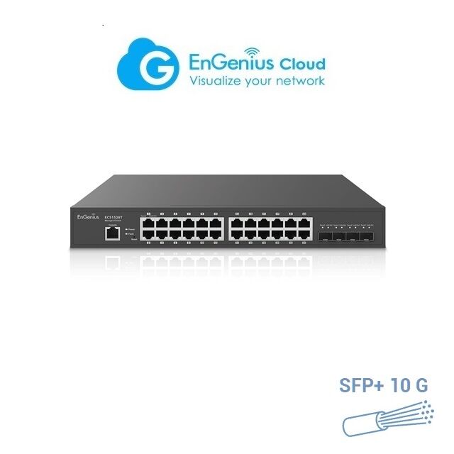 ENGENIUS ECS1528T Switch de 24 puertos Gigabit con 4 slot SFP/SFP+ 1.25/10 GB. Gestionable Layer 2+ y Control en CLOUD, formato 13 con orejetas para Rack