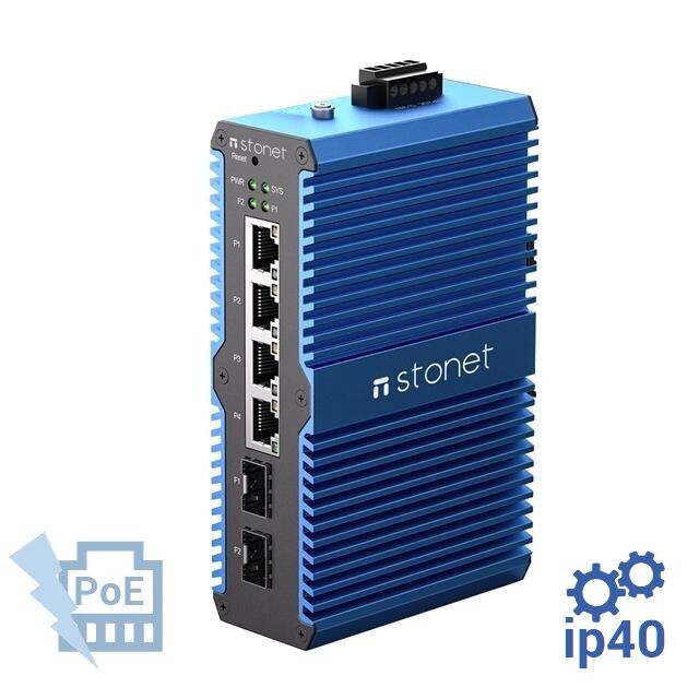 STONET NIS3006GP-WMC Switch Industrial PoE 802.3af/at 4 puertos Gigabit todos PoE +2 Slot SFP Gigabit, carril-Din, rango extendido de temperature, IP40 y EMC4. Hasta 120 W