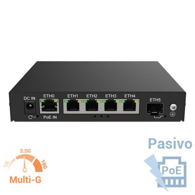 Tachyon Networks TNS-100 Switch PoE Pasivo 160 W, 5 puertos RJ45 2,5 Giga, Slot SFP+ 10 Giga, gestionable SNMP, sobremesa o carril DIN