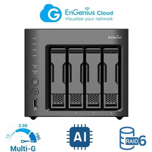 ENGENIUS EVS1004D IA NVS 4 Bahías, RAID 1/5/6, 1 LAN 10 Gb., 1 LAN 1 Gb., 1 HDMI 1.4b, 2 USB3.0, 2 USB 2.0, Hasta 16 cámaras IP, Gestión Cloud