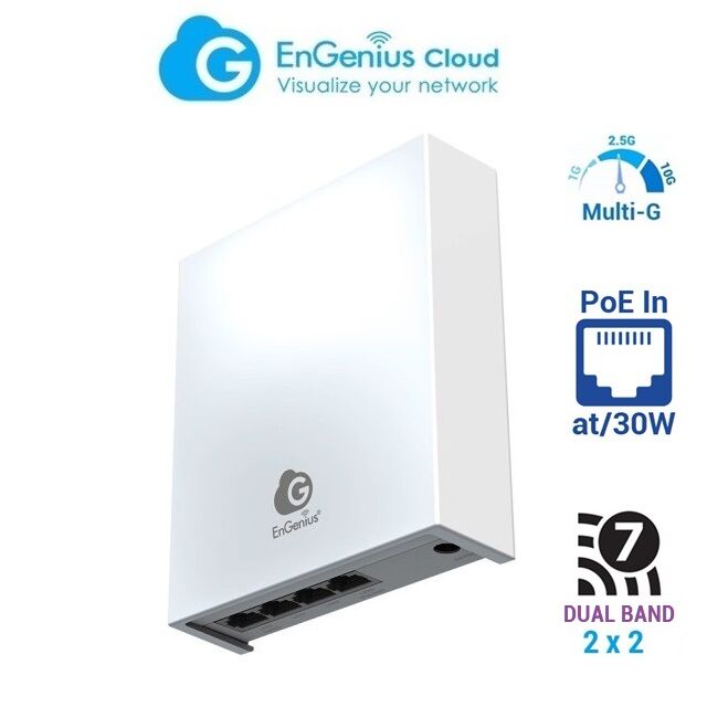 ENGENIUS ECW515 AP interior InWall/Pared 802.11a/ac/ax/b/be/g/n WiFi7 Doble Banda 2x2, 2,4/5 GHz ,3600 Mbps, 1 puerto 2.5 Gigabit compatible PoE at, 4 puertos Gigabit, MESH, Cloud