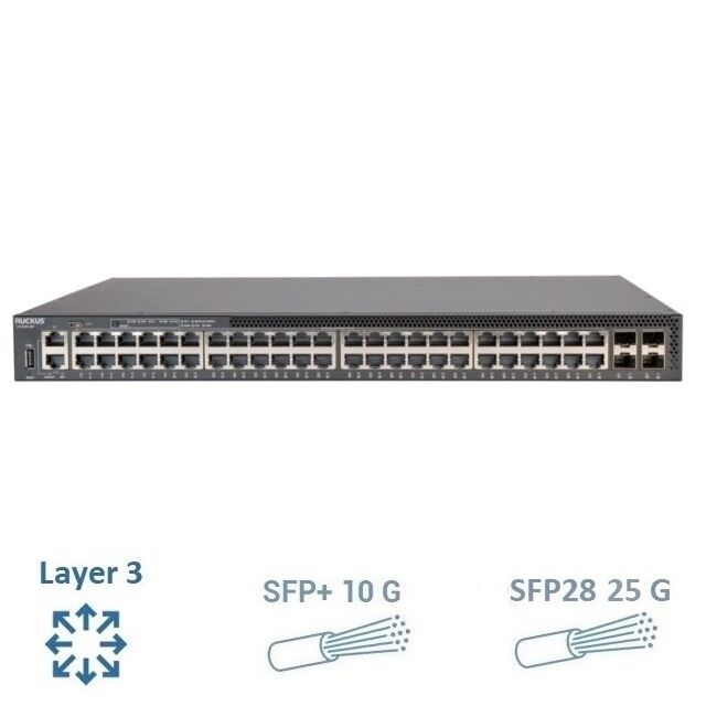 RUCKUS ICX8200-48P Switch 48x10/100/1000 Mbps PoE+ ports 4x1/10/25 GbE SFP28 stacking/uplink-ports 370 W PoE,  three-year remote TAC support